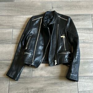 Nour Hammour Black Lambskin Leather Studded Moto Biker Jacket FR 36 US 4